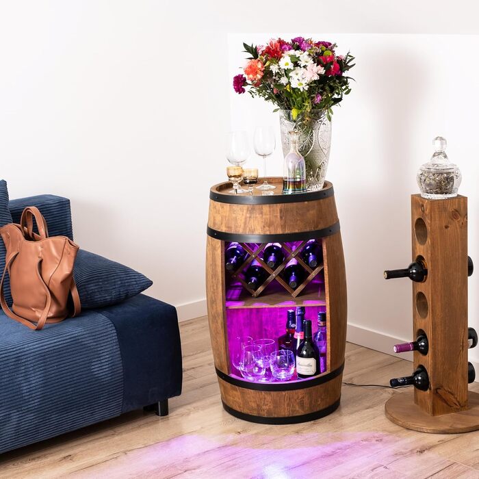 Дерев'яний бар-винний стелаж CREATIVE COOPER Fass Bar LED RGB з тримачем для вина, винний шафа-бочонок 80x50 см, темно-коричневий, для дому, декор у стилі рустик