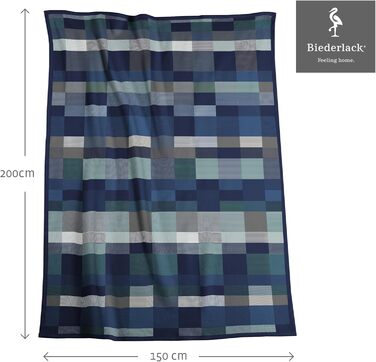 Плед Biederlack із бавовняної суміші Color Squares Dark Blue, 150x200 см, темно-синій/сірий, німецька якість, екологічний