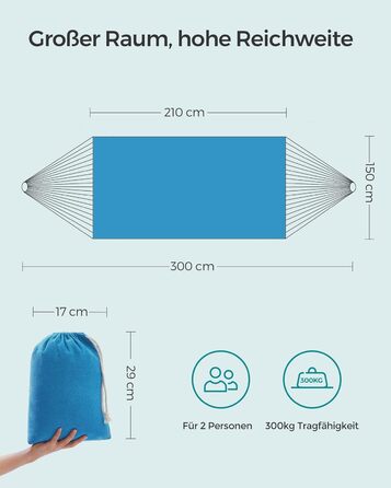 Гамак SONGMICS 210x150 см для двох, 300 кг, з сумкою, ременями та карабінами, для тераси, балкона, саду, кемпінгу, синій