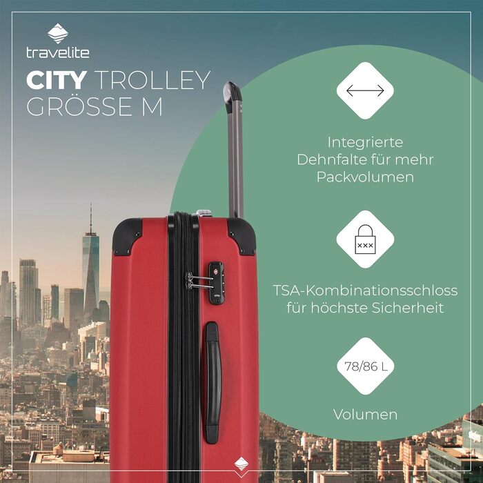 Валіза Travelite City 55 см, ручна поклажа, 4 колеса, жорсткий корпус, розширюється, стійка до подряпин, червона, 40-45 л