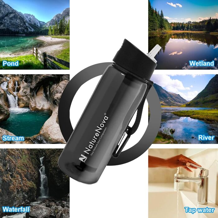 Фільтрована пляшка для води Naturenova 650 мл, 4-ступінчастий інтегрований фільтр, BPA-free, для кемпінгу, туризму, подорожей, чорна