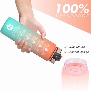 Пляшка для води 1 л BPA-free зі соломинкою та мірною шкалою, для велосипеда, спорту, школи, зручна для газованих напоїв, помаранчева та світло-зелена з помаранчевою кришкою