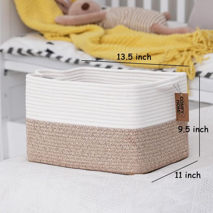 Плетений кошик COMFY-HOMI з бавовняного шнура з ручками для зберігання іграшок, книг і речей, органайзер для полиць, 34,3x27,9x24,1 см, біло-коричневий