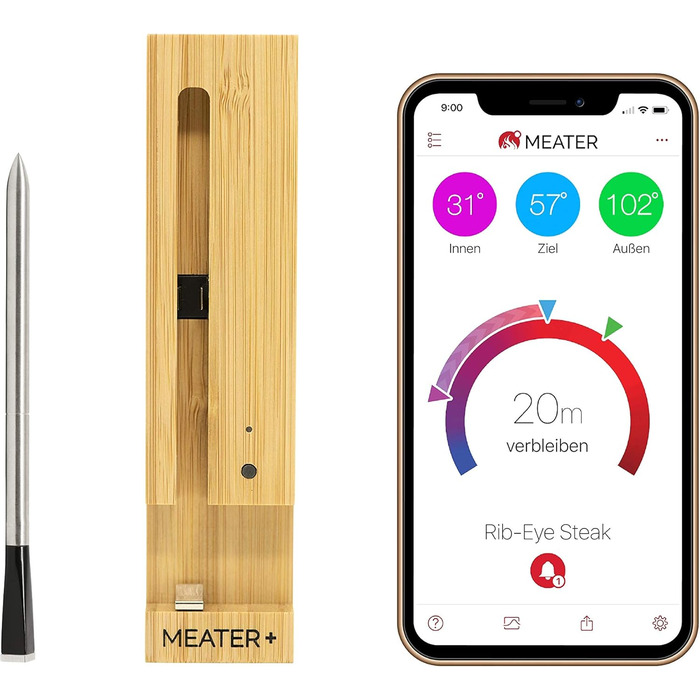MEATER Plus — бездротовий смарт-термометр для м'яса з Bluetooth 50 м, для духовки, гриля, сковорідки та ростера, керування через додаток українською