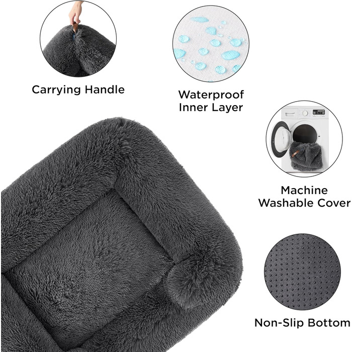 Ліжко для собак BEDSURE середнє 76x61x18 см, м'яке, квадратне, з бортиками, протиковзке дно, для середніх порід, сіре, що переться