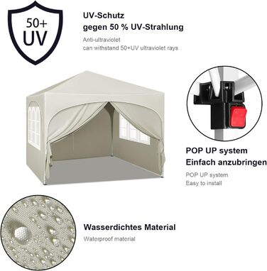 Павільйон WOLTU 3x3 м, складаний, з 4 стінками, водовідштовхувальний, UV-захист 50+, регульована висота, з сумкою, для саду, кемпінгу, бежевий