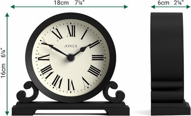 Декоративний настільний годинник JONES CLOCKS Saloon, класичний стиль, чорний, римські цифри, подвійний сувій, для письмового столу, полиці чи тумбочки