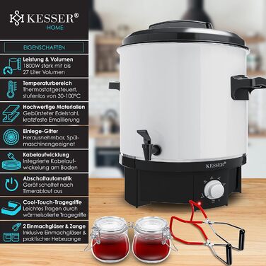 Автомат для консервування KESSER 27 л, нерж. сталь, 1800 Вт, 30-100°C, з функцією постійної роботи та автоотключення, для напоїв і глінтвейну, із щипцями та 2 банками