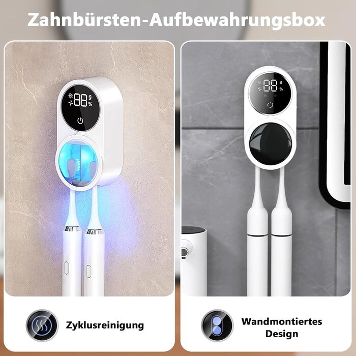 Тримач та стерилізатор для зубних щіток Justup з LED-екраном, настінний зарядний пристрій для ванної кімнати, для сімейного використання, білий