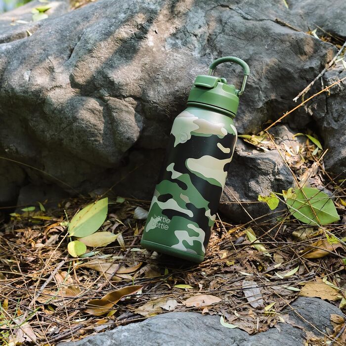 Пляшка для води з нержавіючої сталі BOTTLE BOTTLE 1 л з трубочкою, термос для спорту та фітнесу, ізольована, з відсіком для пігулок, BPA-free, подвійна стінка, джунглі-камуфляж