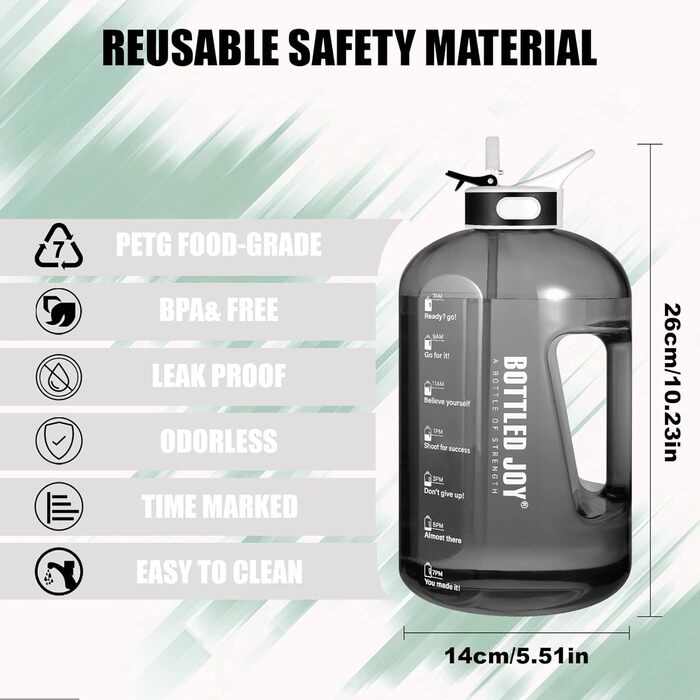 Пляшка для води з трубочкою 2,5 л, BPA-free, герметична, спортивна пластикова пляшка з часовими мітками для фітнесу, офісу, дому, чорна