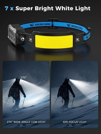 Світлодіодний налобний ліхтар Smiling Shark з датчиком руху, 7 білих LED, 270° освітлення, червоне заднє світло, для кемпінгу, риболовлі, ремонту, акумуляторний, 2 шт.