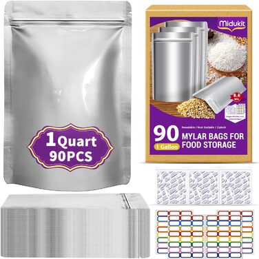 Набір 90 mylar-пакетів із поглиначем кисню для зберігання продуктів, 1 кварт (15x22 см), герметичні, 8.6 Mil, багаторазові пакети для харчових продуктів, міларові пакети з поглиначем кисню 9000CC, термозапаювані, багаторазово закриваються