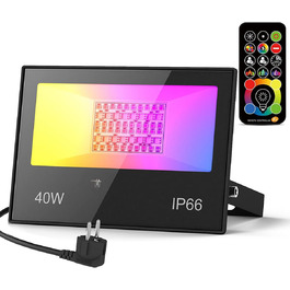 LED-прожектор RGB для вулиці 40W з пультом, 120 кольорів, 5 режимів, 4000 Лм, IP66, холодне біле світло, водонепроникний, для саду, двору, гаража, коридору – комплект 2 шт.