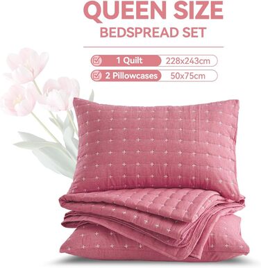 Покривало Qucover 220x240 см рожеве, бавовна, ультрам'яке, з вишивкою, комплект з 2 наволочками, стьобане покривало для ліжка або дивану