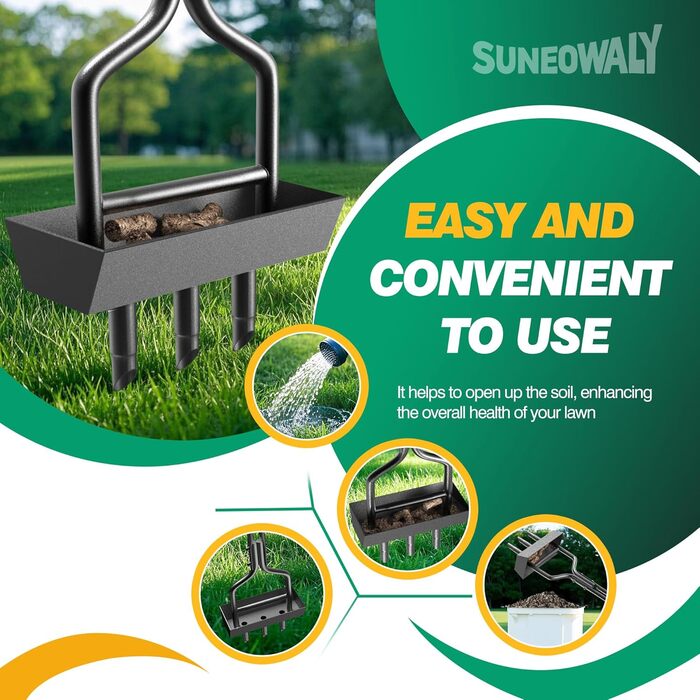 Аератор для газону SUNEOWALY, ручний аератор з порожнистими зубцями для розпушування ущільненого ґрунту, з піддоном, 3-ядровий, чорний, для саду та двору