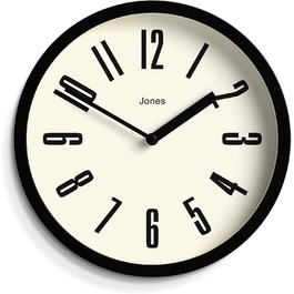 Годинник JONES CLOCKS для ванної та кухні, настінний, ретро, круглий, 20 см, чорний, легкі для читання цифри, ідеальний для кухні, офісу, дитячої кімнати або невеликих приміщень