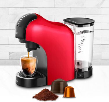 Кавоварка Ufesa Bellagio 3-в-1 для капсул Nespresso, Dolce Gusto або меленої кави, сенсорна панель, 7 режимів, резервуар 1 л, 1400 Вт, 15 бар, червона, компактна