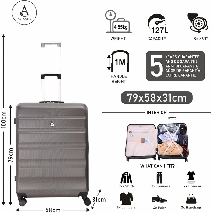 Велика валіза Aerolite XL 79см, легка ABS, 4 колеса, жорсткий корпус, сіро-вугільна