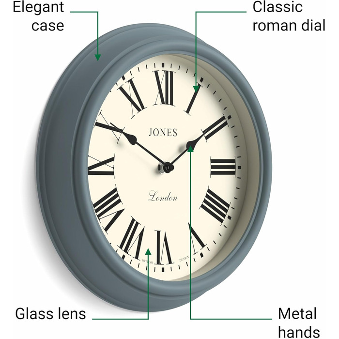 Настінний годинник JONES CLOCKS, класичний круглий, 30 см, зелений, римські цифри, традиційний дизайн для кухні, вітальні чи спальні