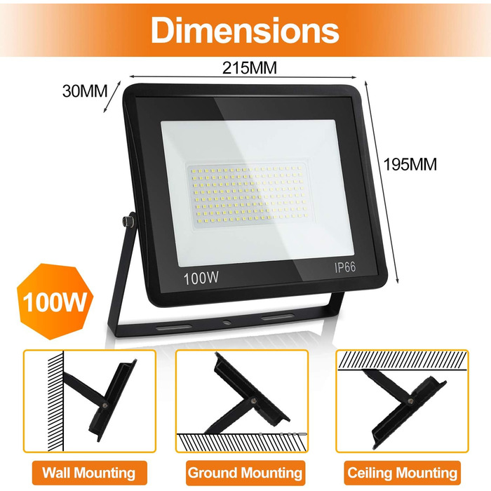 LED прожектор Ikodm 100 Вт, тепле біле світло 3000K, водонепроникний, для вулиці, двору, саду, гаража, спортмайданчика, надяскравий 2250 Лм, комплект 5 шт.