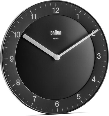 Настінний годинник Braun BC06B, аналоговий, кварцовий механізм, чорний, 20 см, класичний дизайн, тиха робота, легко читається циферблат