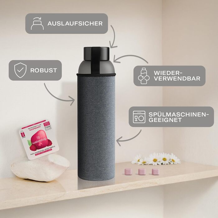 Подарунковий набір waterdrop® до Дня матері: скляна пляшка 1 л, 18 безцукрових смакових дропів, вітаміни, чорна матова, для газованої води