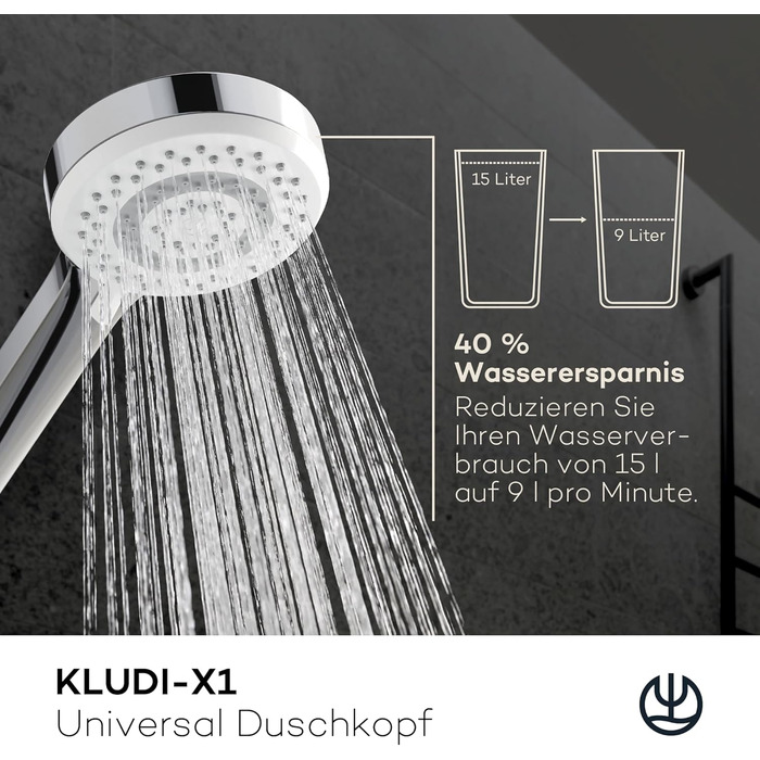 Універсальна душова лійка KLUDI-X1 з шлангом, 3 режими струменя (Body, Hair, Skin), водозберігаюча, легке очищення, хром, Ø 10,7 см, шланг 1,6 м