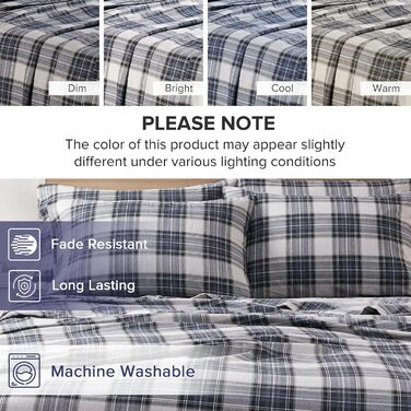 Бавовняна фланелева постільна білизна Comfort Spaces для ліжка King Size, синя шотландська клітинка, 4 предмети, тепла та дихаюча