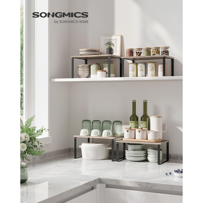 SONGMICS набір полиць для спецій 4 шт, кухонний органайзер, розширюваний, стелаж для спецій, штабельований, металевий каркас, 19,5x29,7x15,8 см, чорний/бежевий