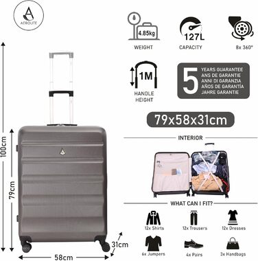 Велика валіза Aerolite XL 79см, легка ABS, 4 колеса, жорсткий корпус, сіро-вугільна