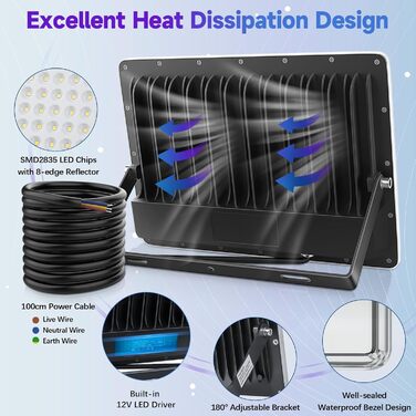 Світлодіодний прожектор для вулиці 300W, 30000LM, IP67, 7000K холодне світло, надяскравий LED-прожектор для складу, саду, гаража, двору, фабрики, паркінгу