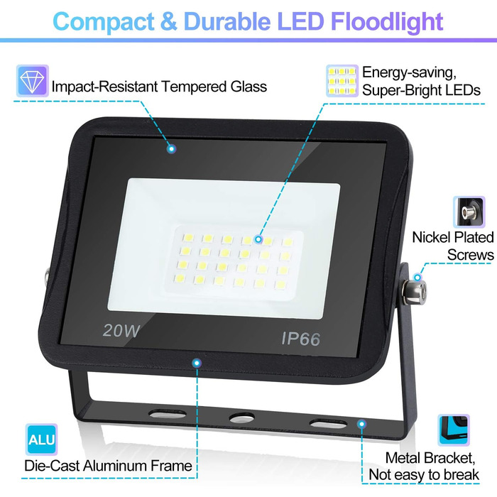 LED прожектор для вулиці та приміщень, 2 шт, 20 Вт, IP66 водонепроникний, 8500 Лм, 6000K холодне біле світло, кут освітлення 120°, надяскравий ліхтар для двору, фасаду, гаража