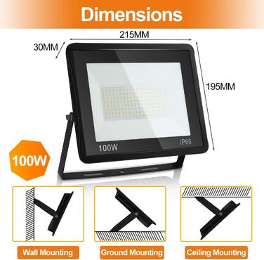 LED прожектор Ikodm 100 Вт, тепле біле світло 3000K, водонепроникний, для вулиці, двору, саду, гаража, спортмайданчика, надяскравий 2250 Лм, комплект 5 шт.