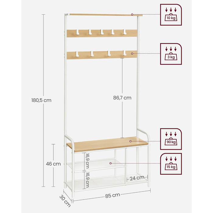 VASAGLE Вішалка для одягу з лавкою та полицею, 9 гачків, 30x85x180,5 см, індустріальний стиль, вінтаж, для коридору, спальні, компактна, колір дуба + білий