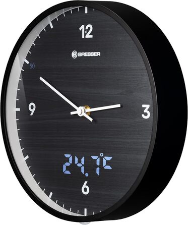 Настінний годинник Bresser MyTime, радіокерований, безшумний, LED-секундна індикація, 24 см, вимірювання температури, чорний