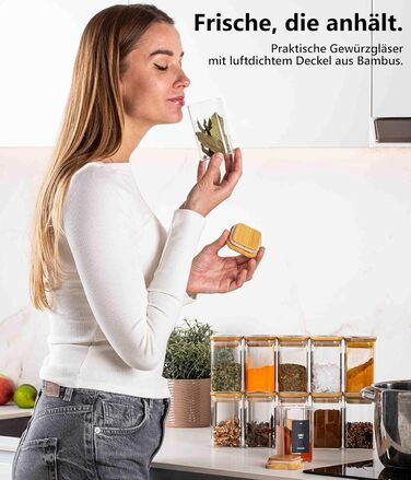 Набір скляних баночок для спецій Deco Haus з дерев'яними кришками, 12 шт, 280 мл, з етикетками — герметичні контейнери для зберігання спецій та приправ