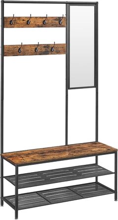 VASAGLE Вішалка для одягу з гачками, дзеркалом і лавкою, 35x98x180 см, для передпокою, спальні, вітальні, сучасна, дуб/білий, модель HSR415W09 (рустикальний коричневий + чорний)
