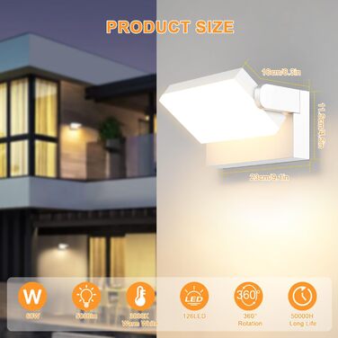 LEDMO Настінний LED світильник 60W, 5000 Лм, білий, поворотний 360°, IP65, тепле світло 3000K, для тераси, входу, саду