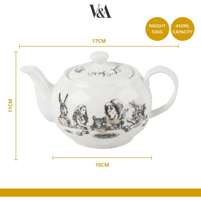 Керамічний чайник V&A Аліса в Країні Див, білий, 450 мл, з кришкою, декорований — для чаю, води, сервірування