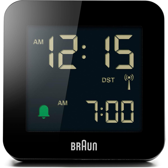 Цифровий радіо-будильник Braun BC09B-DCF з негативним LCD-дисплеєм, функцією швидкого налаштування, поступовим сигналом, режимом сну, для центральноєвропейського часу, чорний