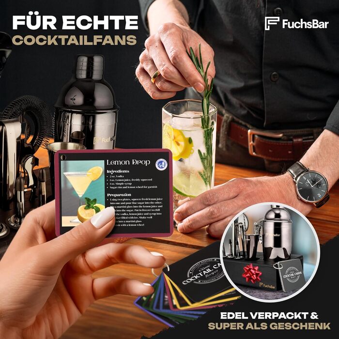 Набір для коктейлів FuchsBar, 8 предметів, нержавіюча сталь, шейкер, барне сито, ложка, рецепт-картки та аксесуари — ідеальний барний комплект для дому, вечірок та подарунка