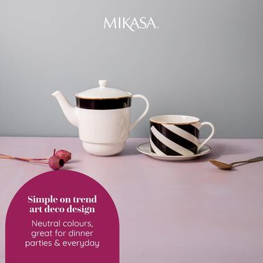 Порцеляновий чайний сервіз Mikasa Luxe Deco для однієї особи, з чайником, чашкою та блюдцем, компактний, підходить для посудомийної машини
