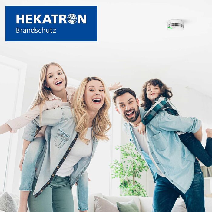 Детектор диму Hekatron Genius Plus з батареєю на 10 років, переможець тесту Stiftung Warentest, підтримка додатку, комплект 2 шт., клейкі подушки, багатомовний, вироблено в Німеччині