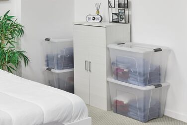 Пластикові контейнери для зберігання Iris Ohyama з кришкою 60 л, 4 шт, сріблясті, без BPA, із ручками, для організації в спальні, шафі, офісі, стійкі до штабелювання, NTB-60