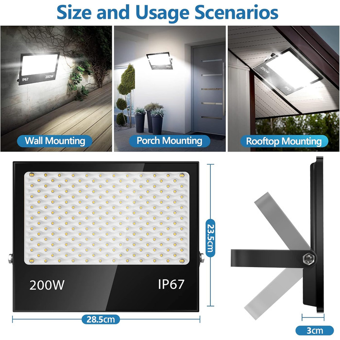 200Вт LED прожектор для вулиці, 20000Лм, 7000K холодне біле світло, IP67 водонепроникний, для подвір'я, гаража, саду