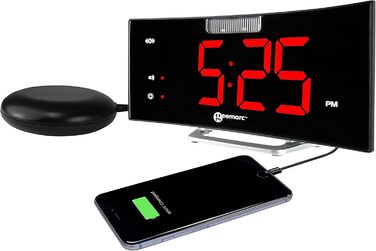 Будильник Geemarc Wake 'N' Shake Curve з потужним 95 дБ сигналом, вібраційною подушкою, великим дисплеєм, спалахом і USB-зарядкою, німецька версія