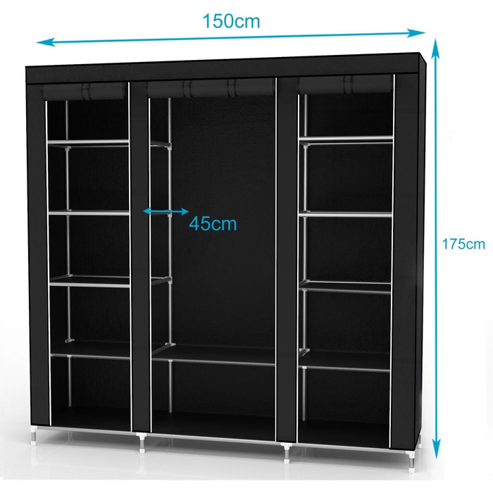 Тканинна шафа INTIRILIFE 150x175x45 см, чорна, з блискавкою, полицями, вішалкою і бічною кишенею – складана шафа для одягу, кемпінгу, гардеробу