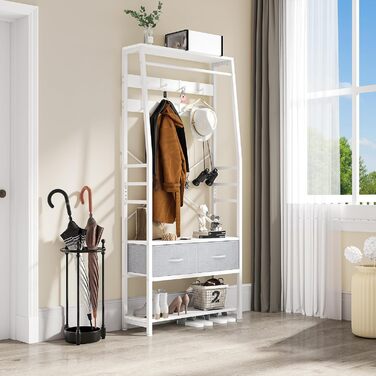 Передпокійна гардеробна з лавкою YITAHOME, шафа для взуття, 8 гачків, металевий каркас, 2 висувні шухляди, індустріальний стиль, рустикальний коричневий/білий, для коридору, вітальні, спальні