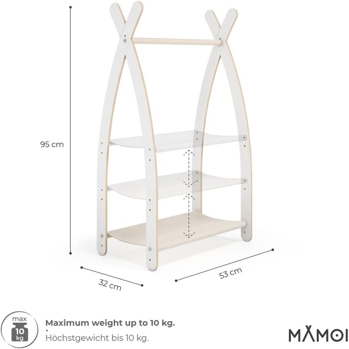 Дитяча вішалка MAMOI для одягу, екологічна, біло-бежева, 106x95x32 см, 1 модуль, для дитячої кімнати, з полиці, виготовлено в ЄС